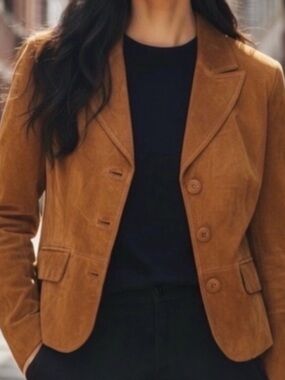 Vintage Covington Cognac Brown Suede Leather Preppy Jacket Blazer Size 10